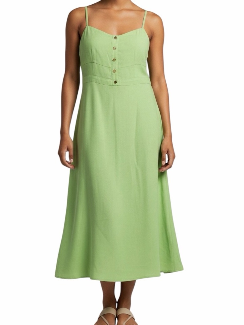 J. Crew Lime Green Midi Dress Gold Buttons Smocked Back Size 6